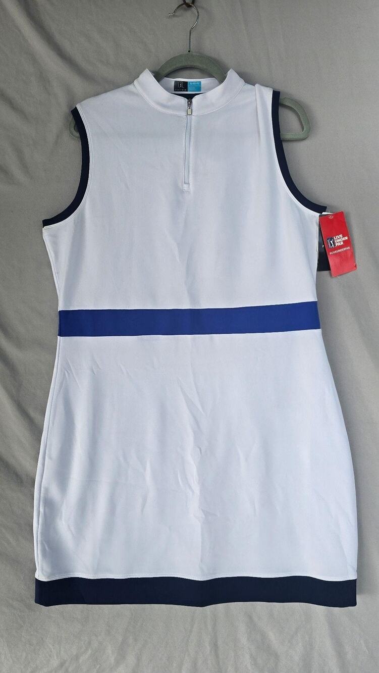 PGA TOUR Dress Womens XL White Blue Sleeveless Mock Neck Golf Stretch *stains